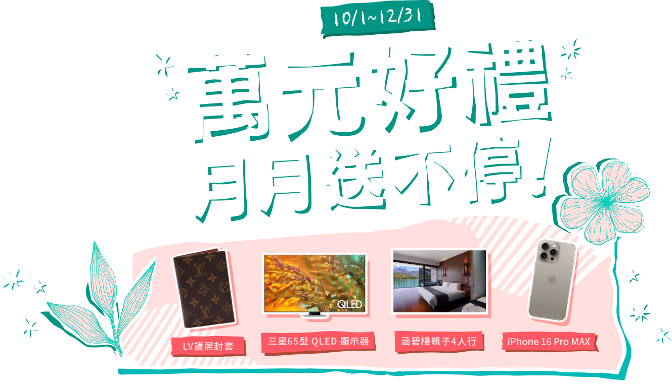 LV護照封套、三星65型 QLED 顯示器、萬元禮券、涵碧樓親子4人行、iPhone 16 Pro MAX...等